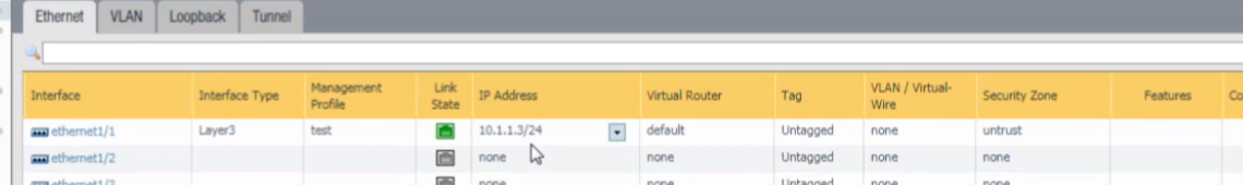 Palo Alto Networks GUI: Peer firewall - Ethernet interface ethernet1/1 with IP 10.1.1.3/24.