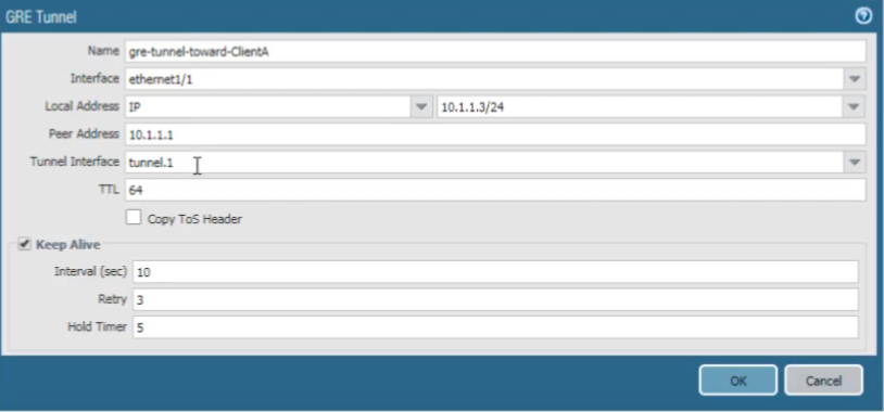 Palo Alto Networks GUI: Peer firewall - GRE Tunnel configuration.