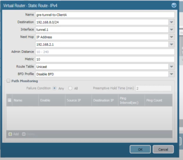 Palo Alto Networks GUI: Peer firewall - Static Route configuration.
