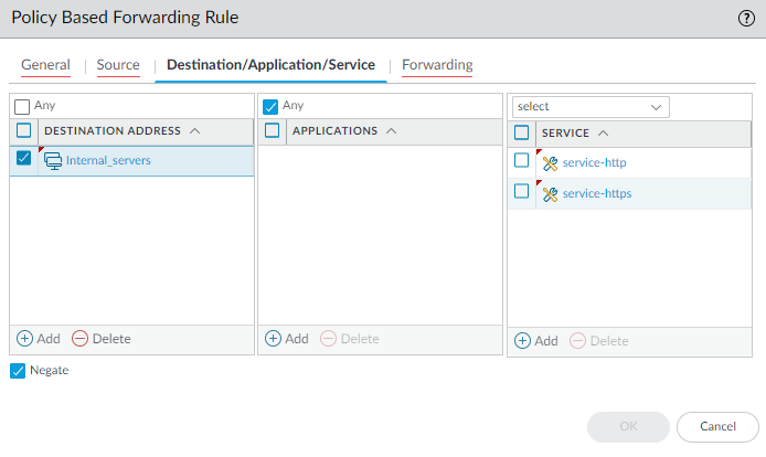 PBF Rule Destination/Application/Service Configuration