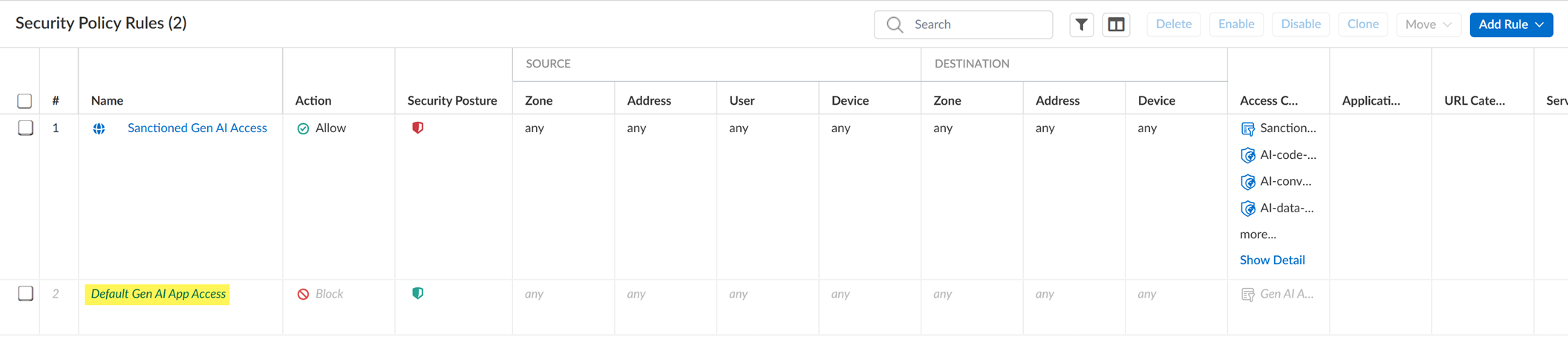 Screenshot of Default GenAI App Access rule