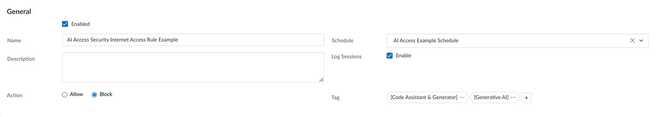 Screenshot of rule action configuration