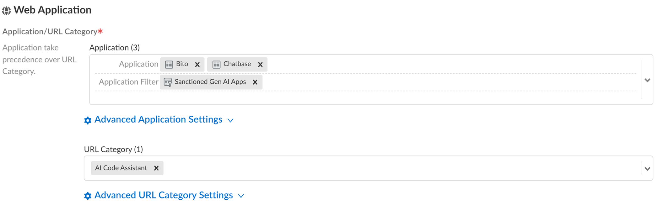 Screenshot of rule application configuration