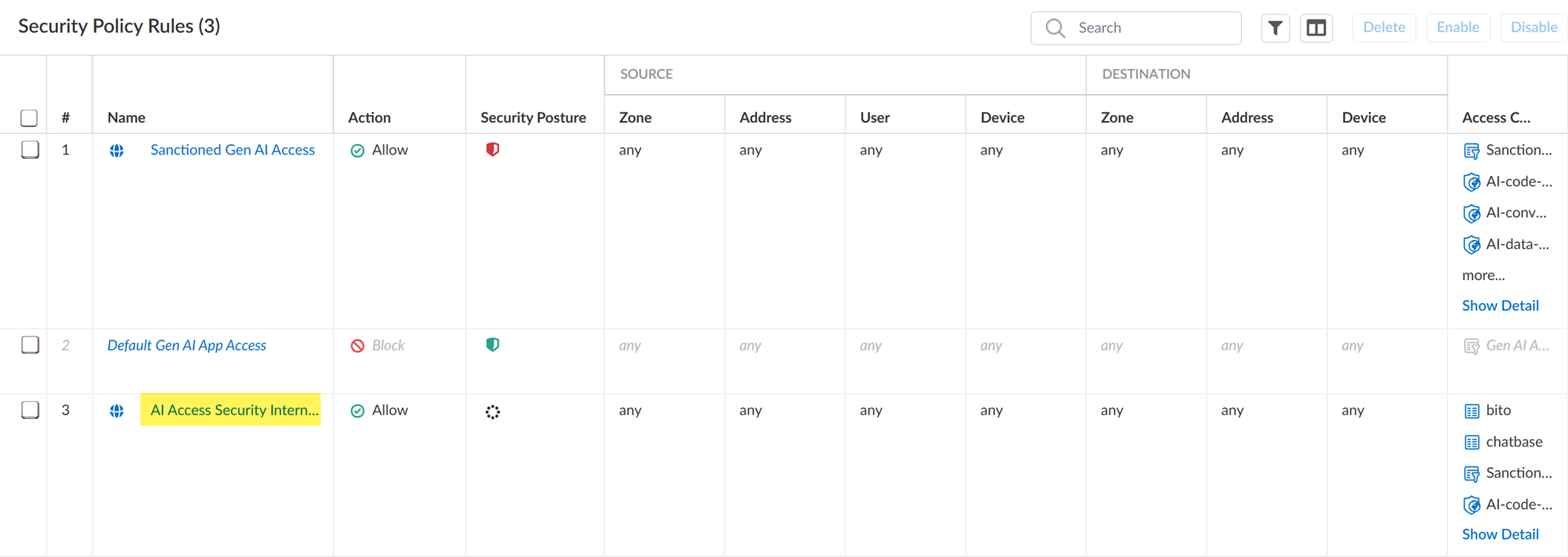 Screenshot of rule reordering