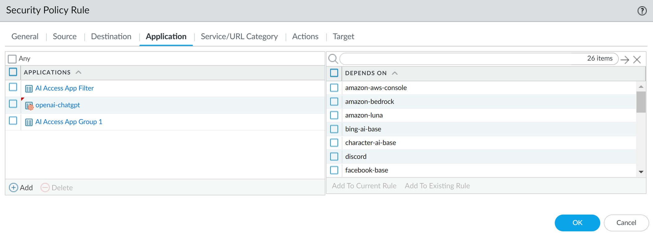 Screenshot of rule application configuration in Panorama