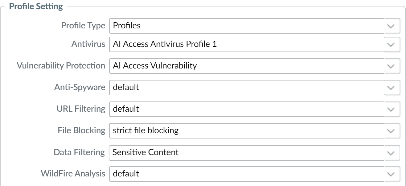Screenshot of security profiles in Panorama