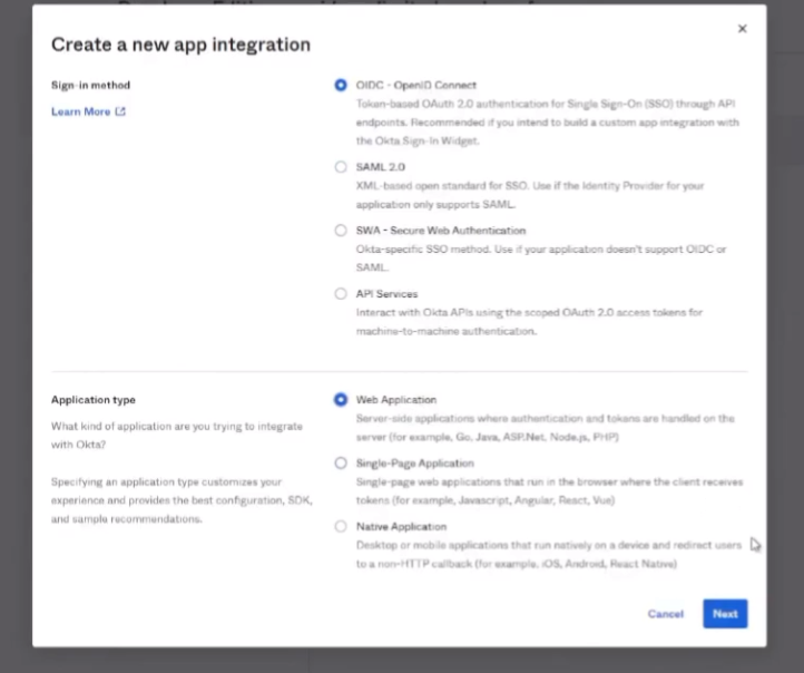 Okta - Selecting OIDC and Web Application