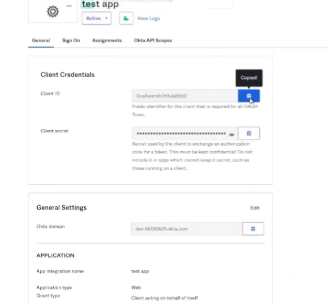 Okta App General Tab - Copying Client ID, Secret, Domain