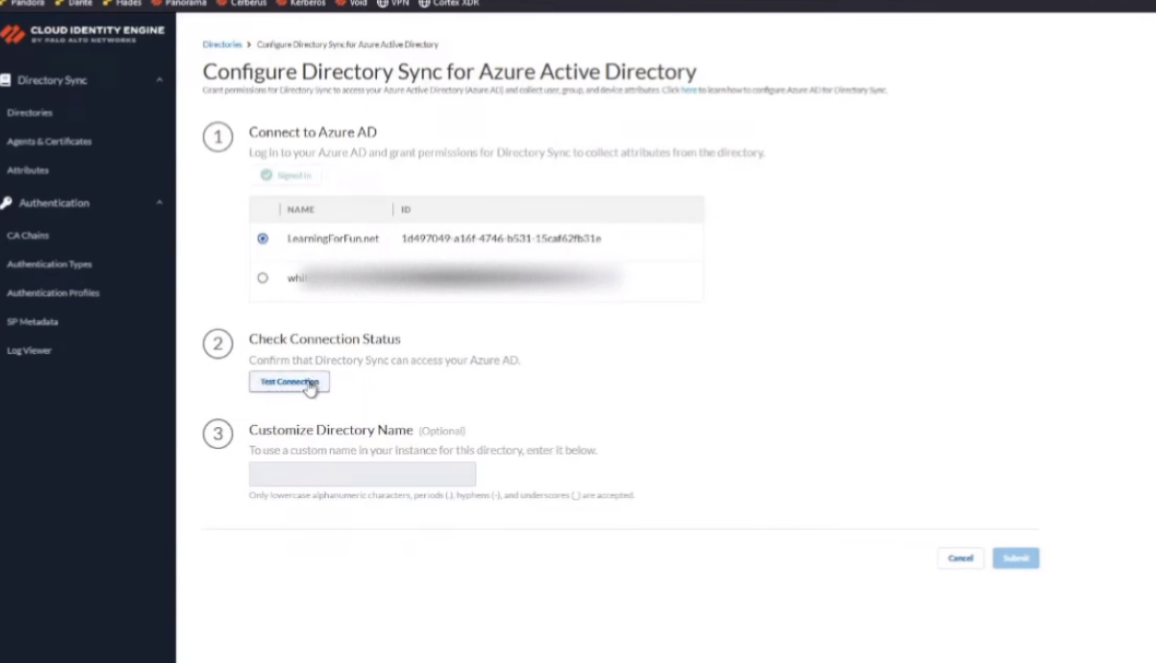 Selecting Domain and Testing Connection in Azure AD Setup