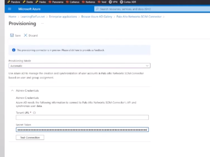 Pasting Tenant URL and Secret Token into Azure Provisioning