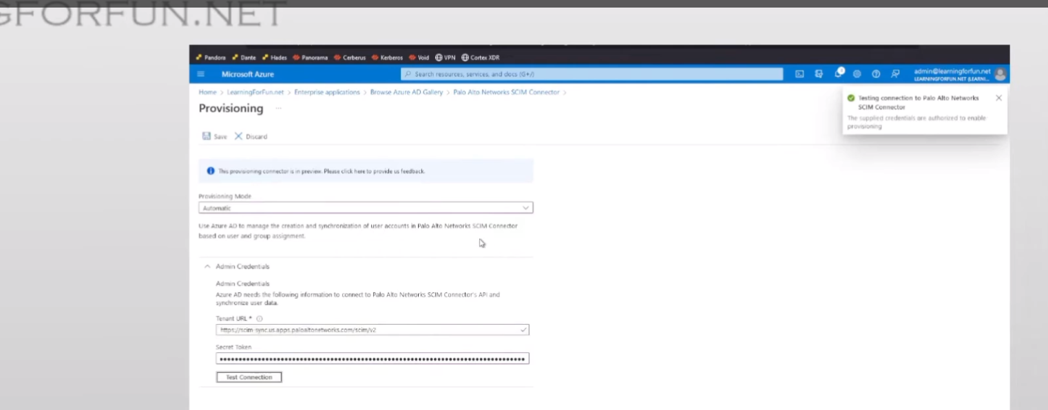Azure Provisioning - Test Connection Successful