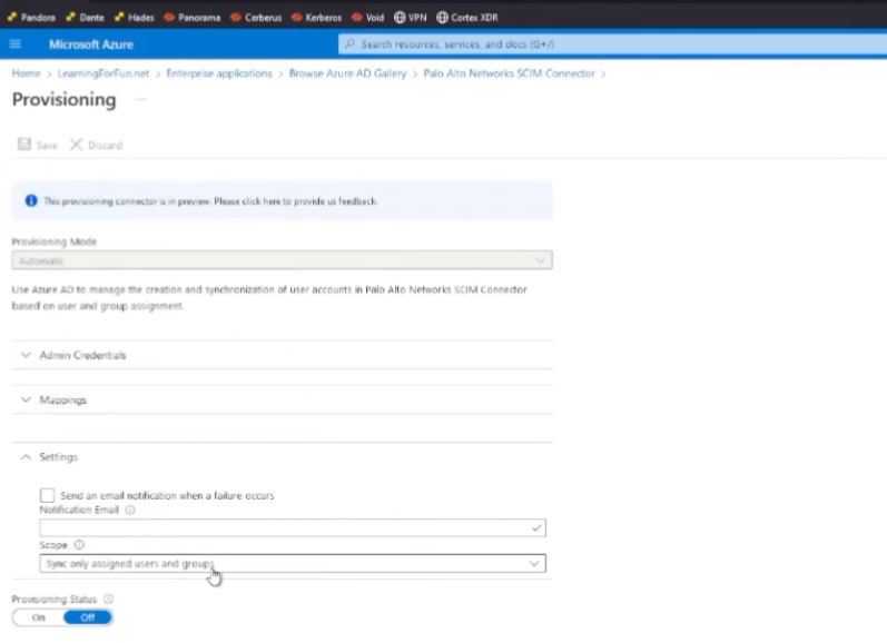 Azure Provisioning Settings - Sync Scope