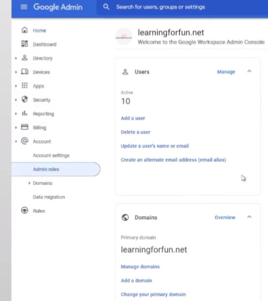 Google Admin Roles Page