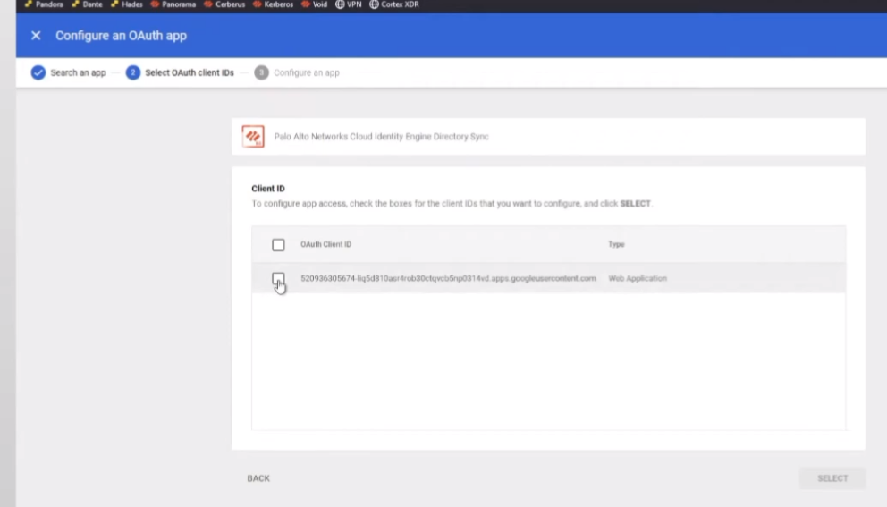 Selecting CIE Directory Sync App Client ID