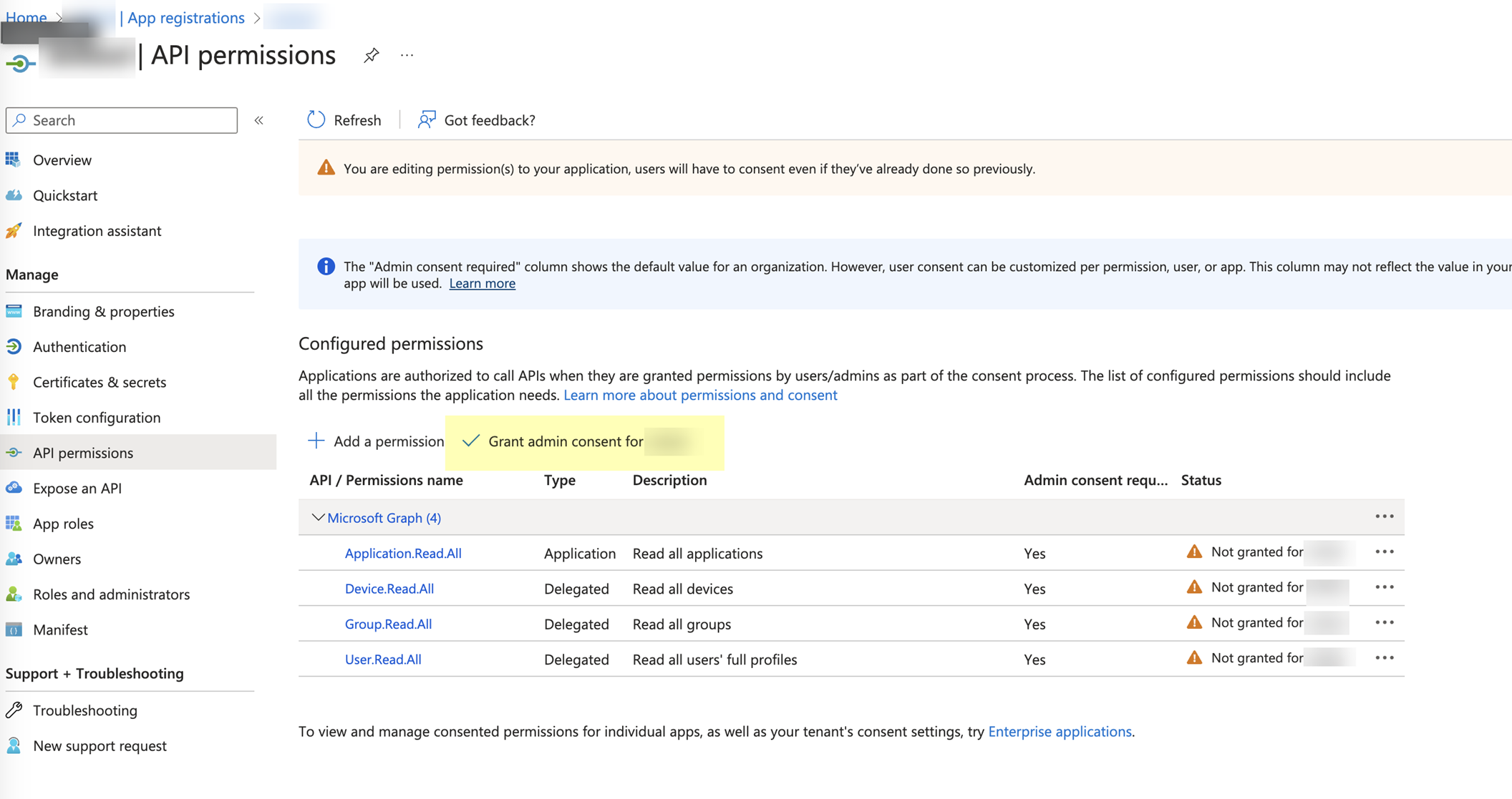 Grant Admin Consent Button