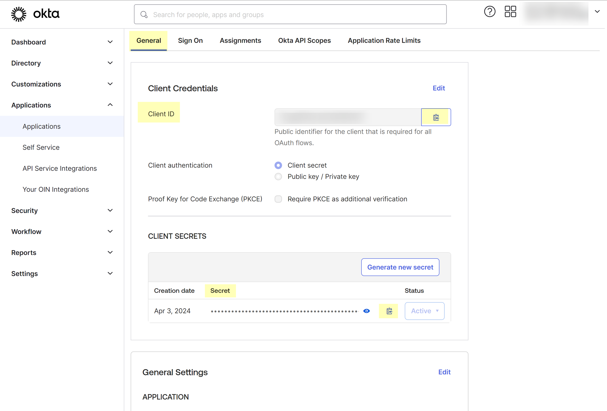 Okta Copy Client ID/Secret