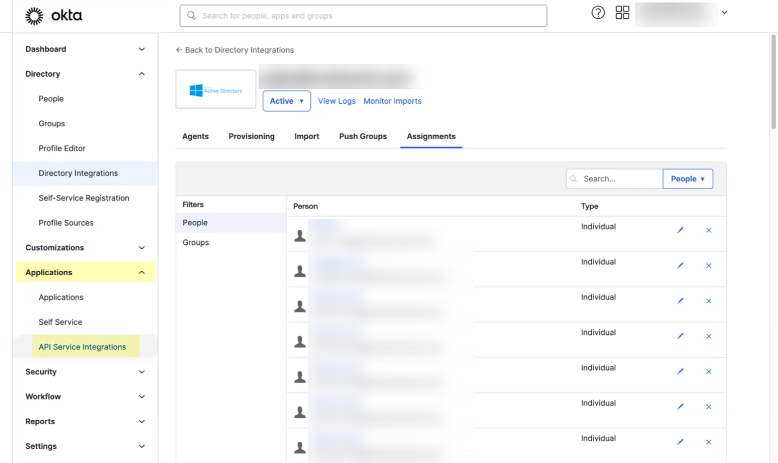Okta API Service Integrations Menu