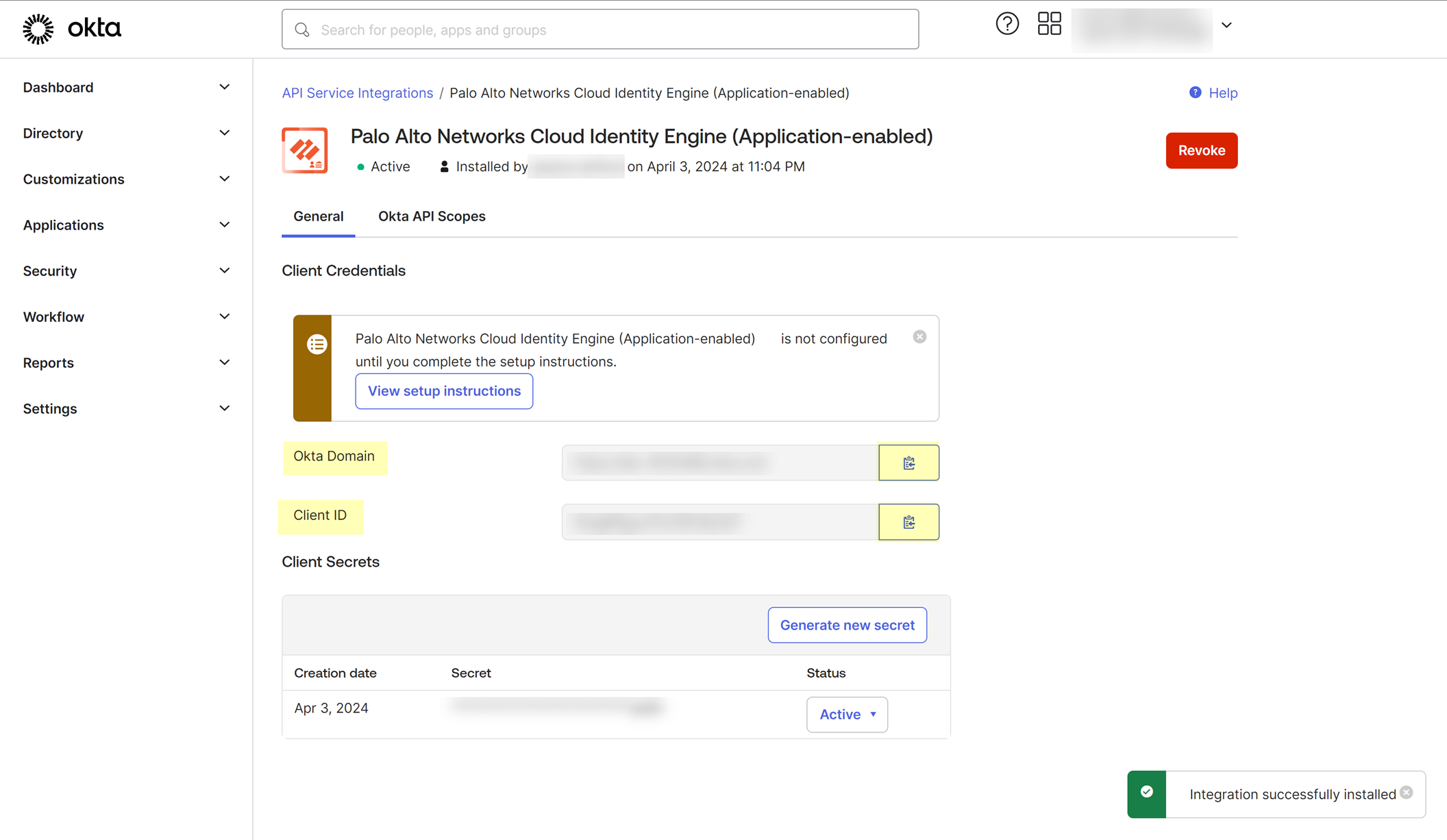 Copy Okta Domain and Client ID for API