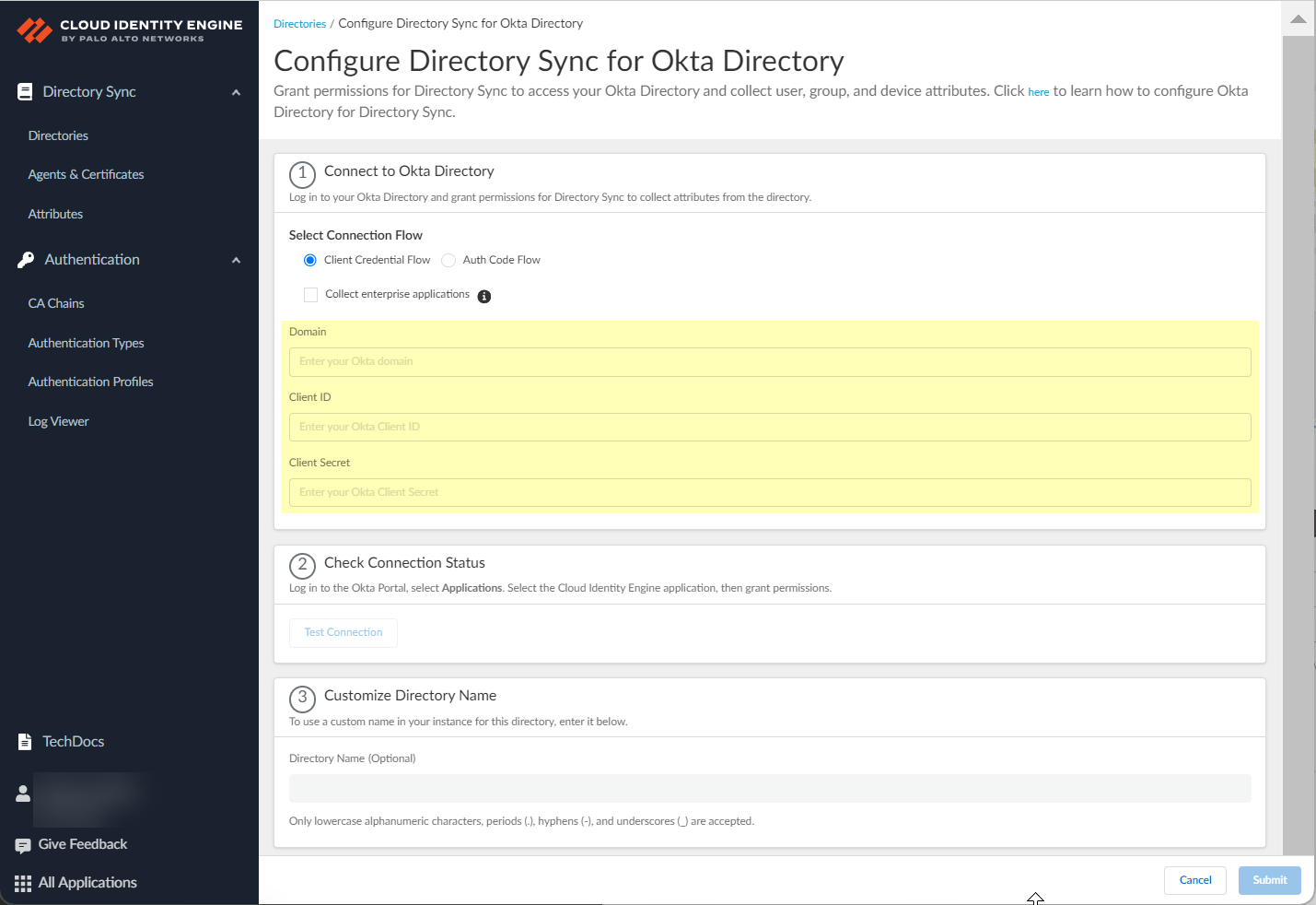 Enter Credentials for Okta Client Cred Flow