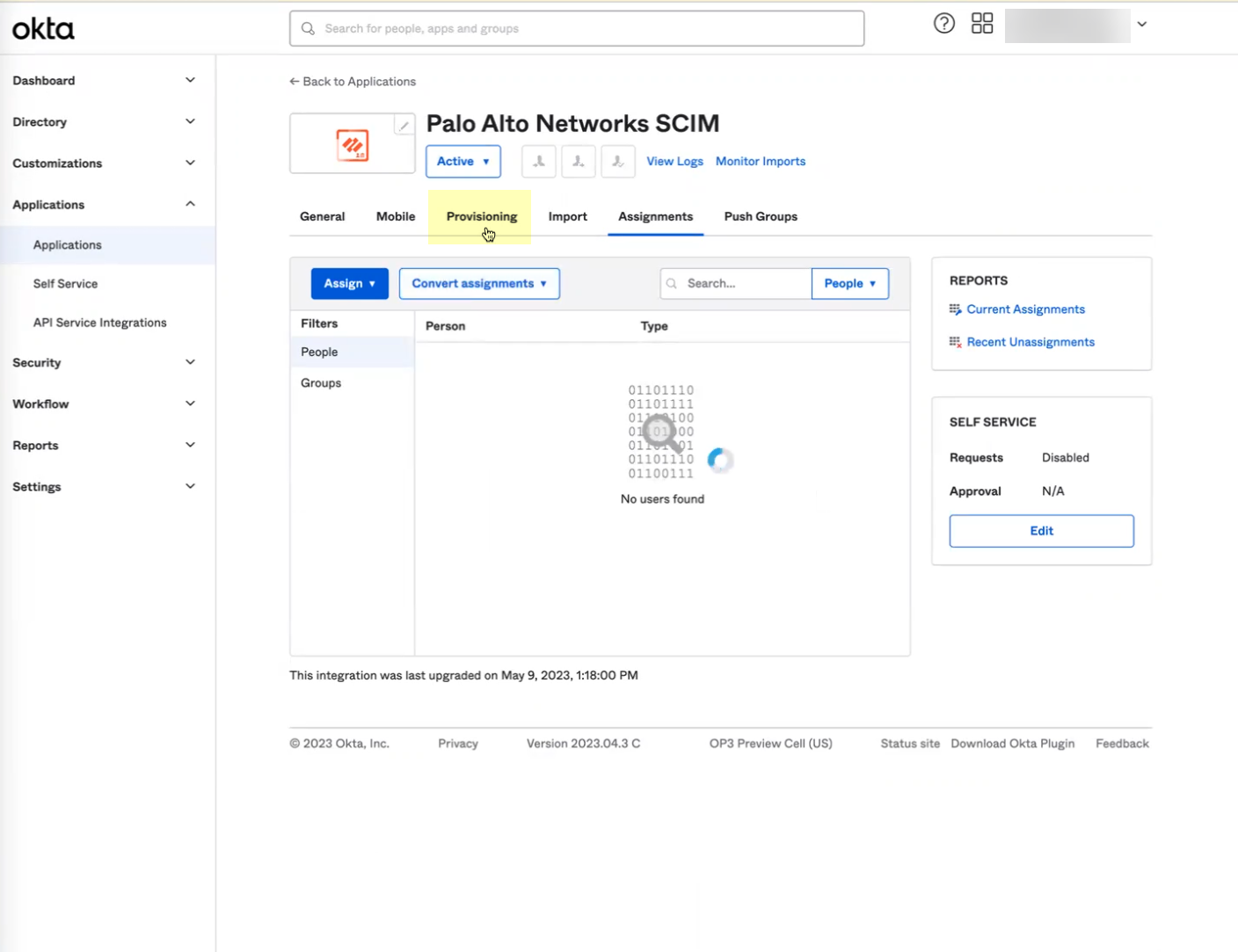 Okta Provisioning Tab