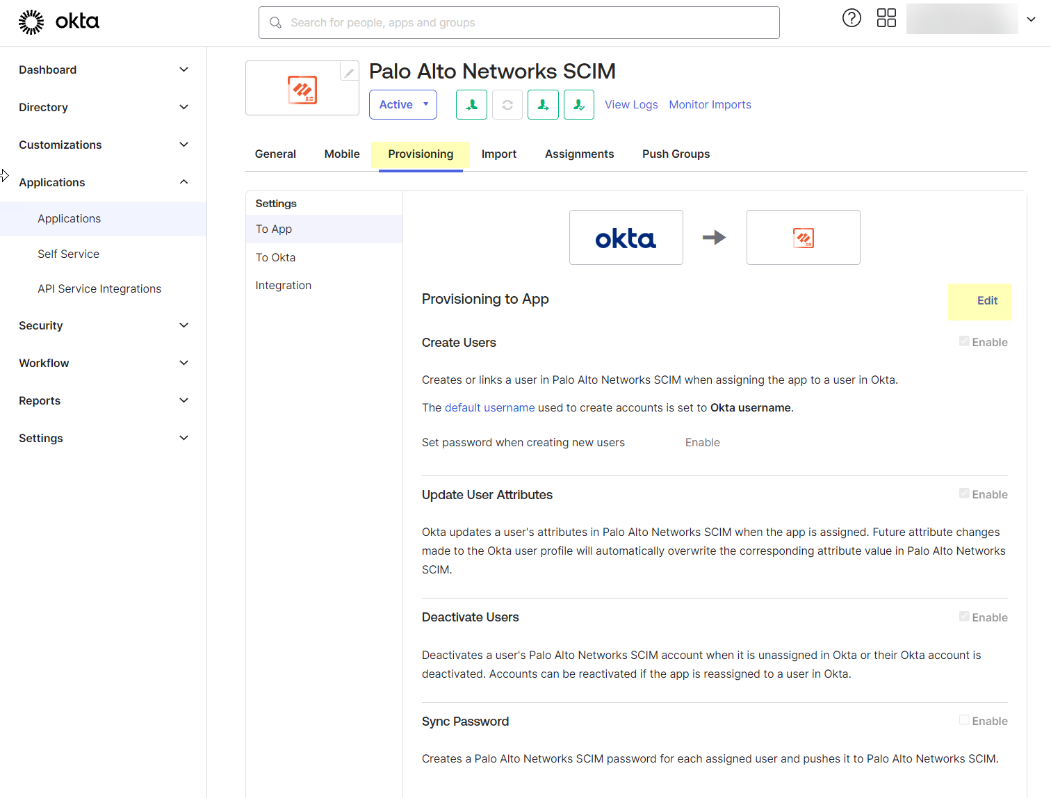Okta Edit Provisioning to App