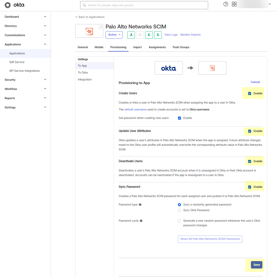 Okta Enable Provisioning Actions