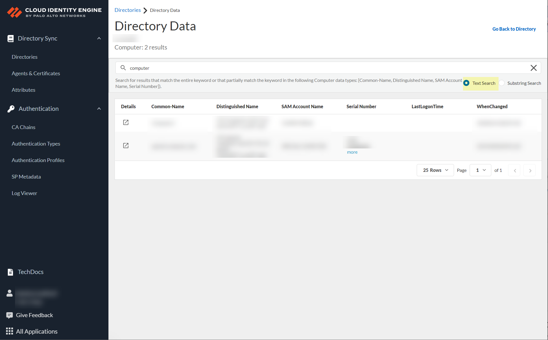 Screenshot of Text search option