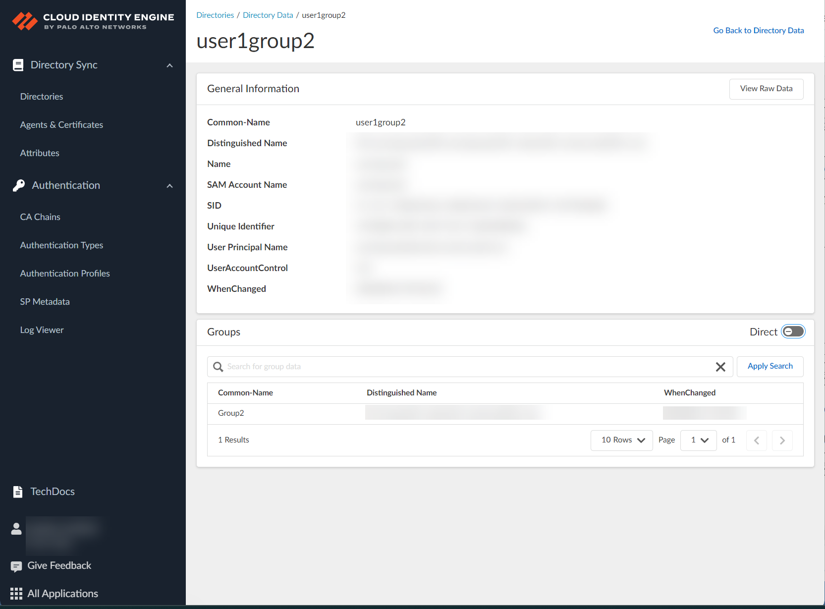 Screenshot of object details