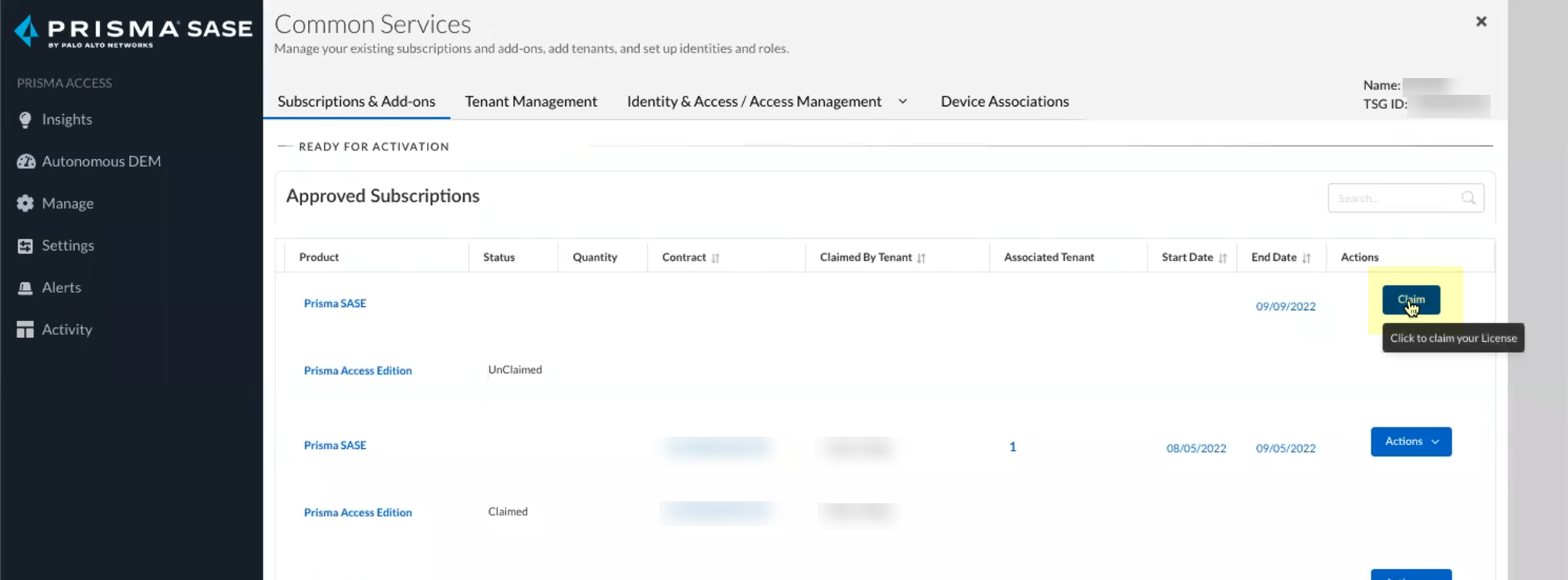 Screenshot of Claim License