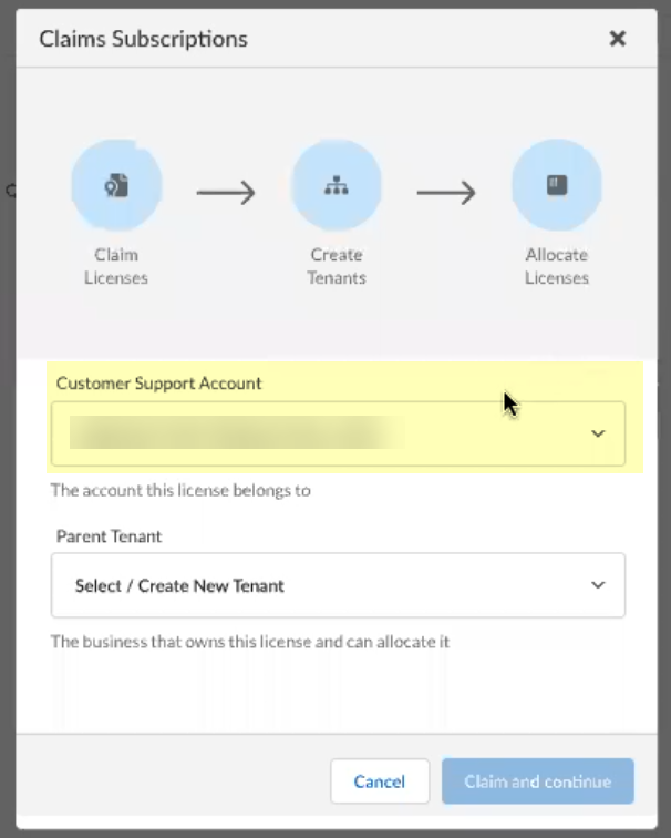 Screenshot of Select Customer Support Account