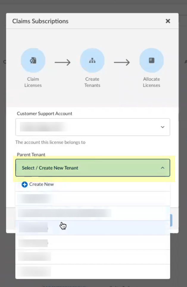 Screenshot of Select Parent Tenant