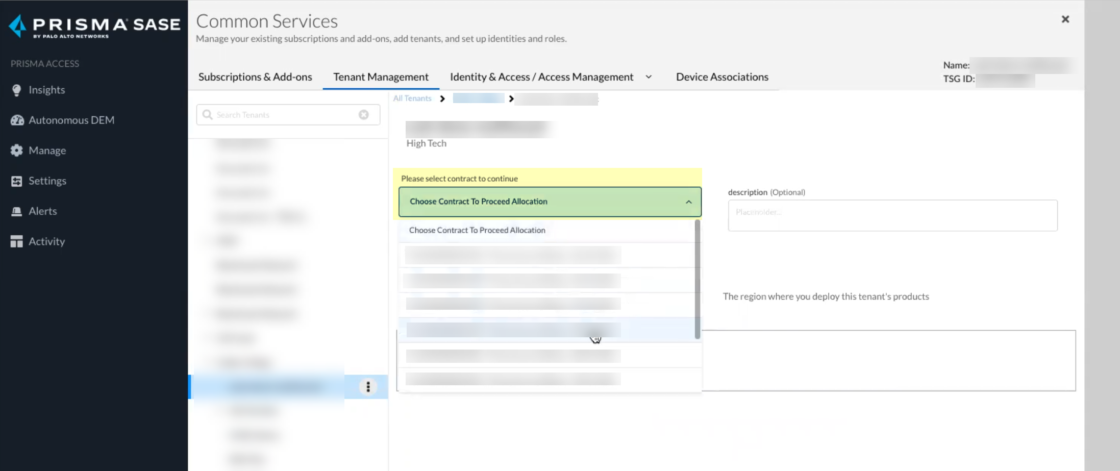 Screenshot of Select contract