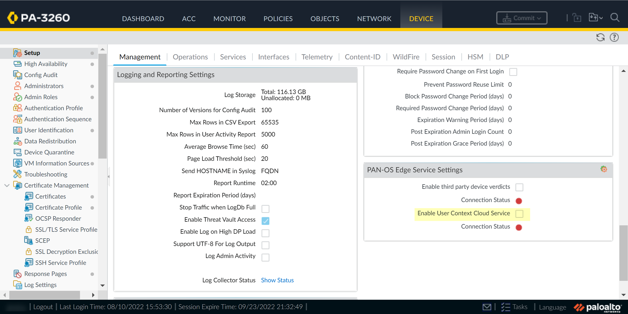 FW/PAN PAN-OS Edge Service Settings