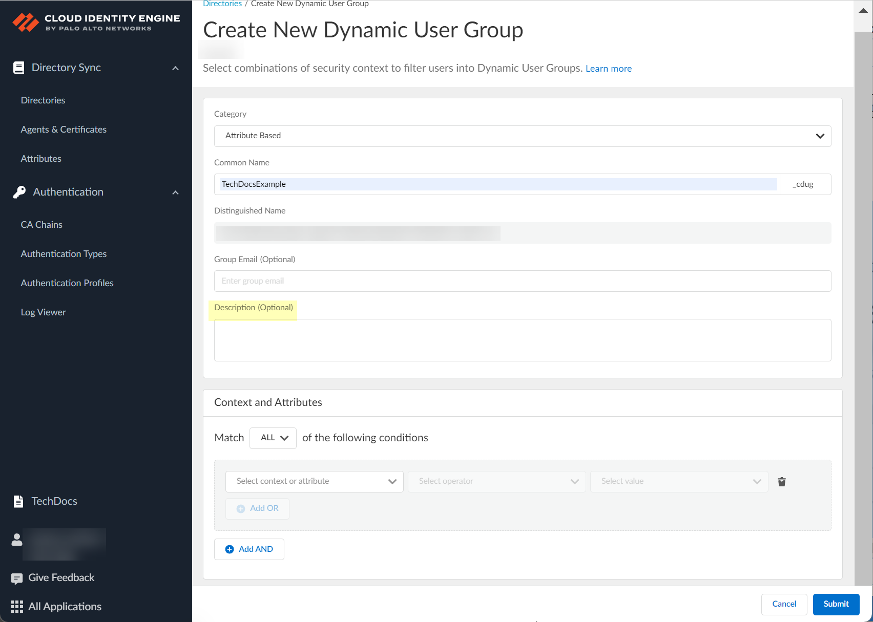 Screenshot of Description field