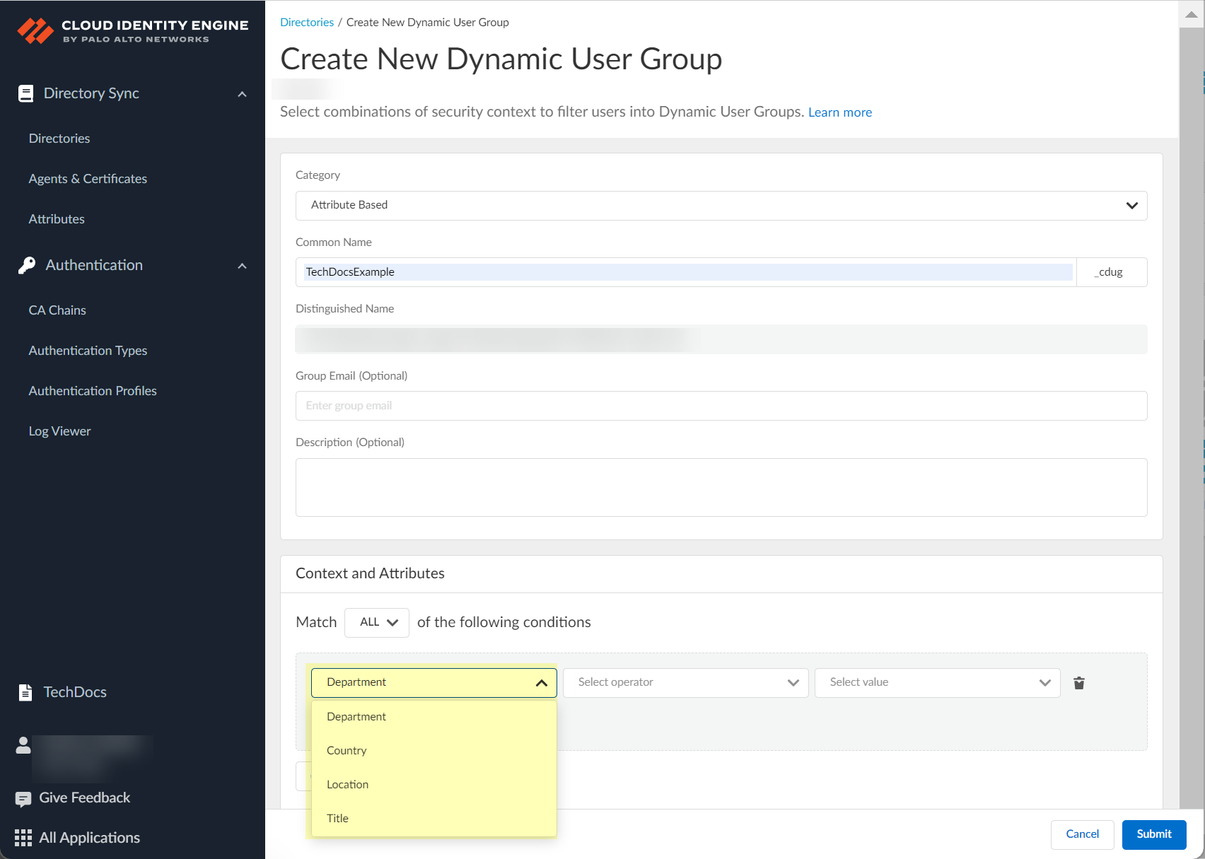 Screenshot of selected context/attribute