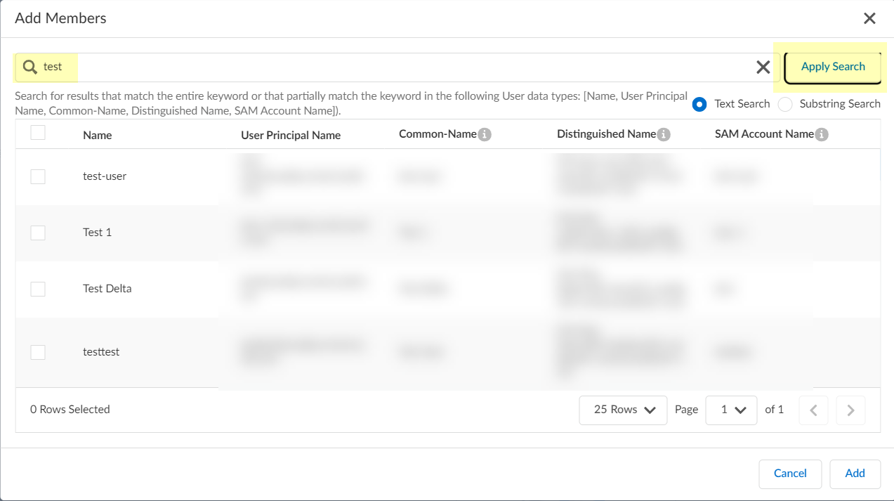Screenshot of search/filter for users