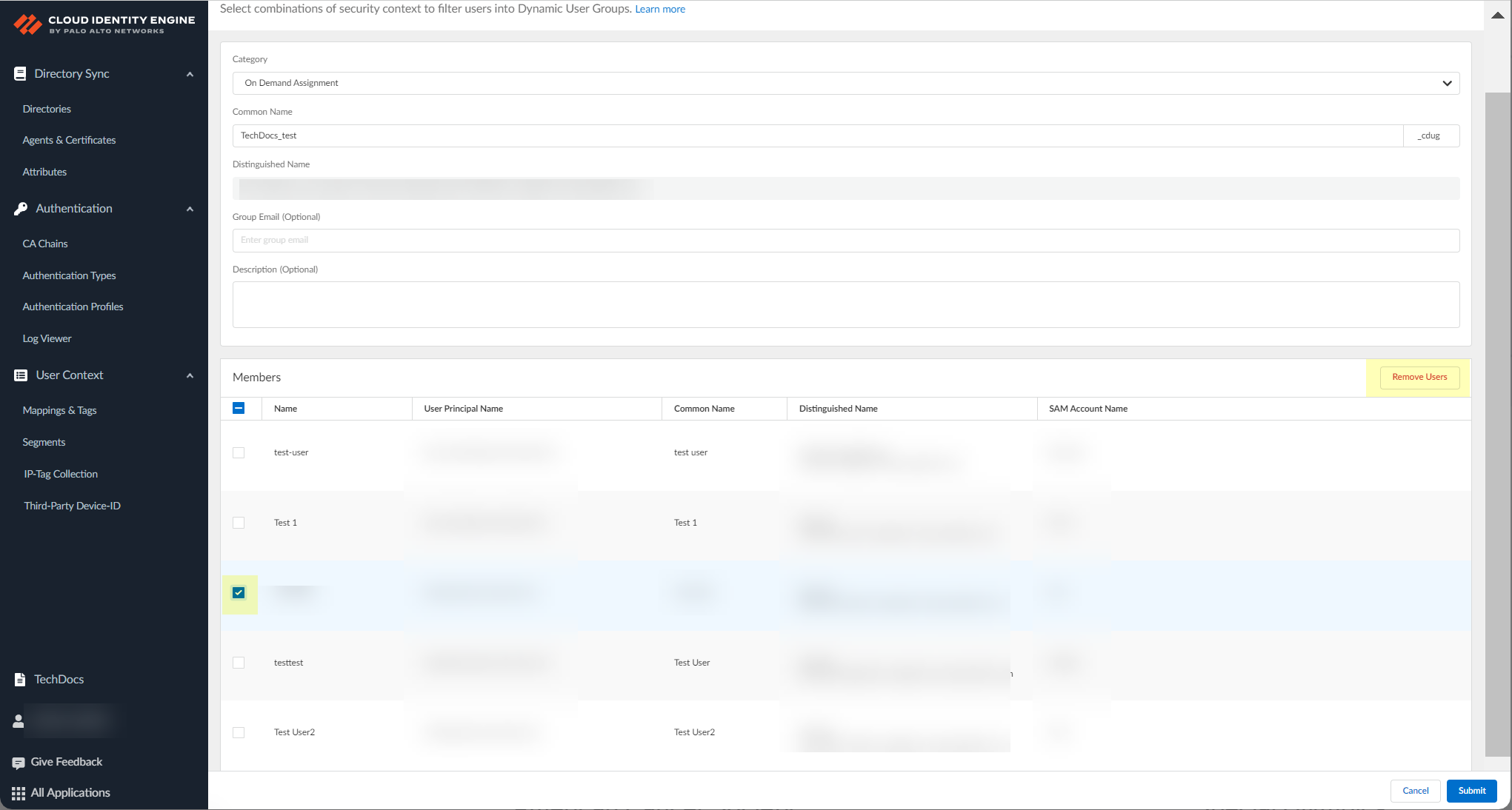 Screenshot of Remove User button