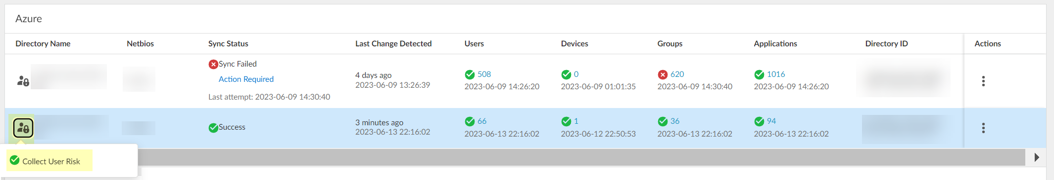 Screenshot of Collect User Risk status