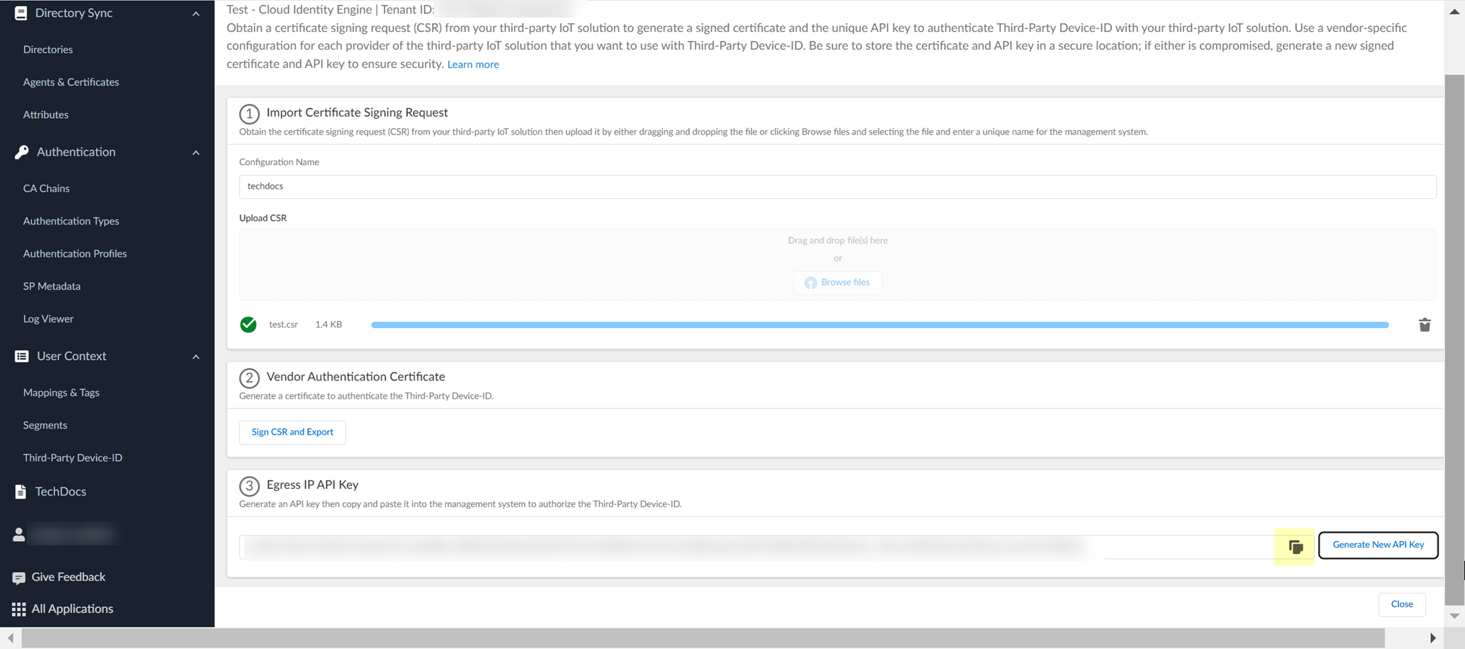 Screenshot of API Key copy