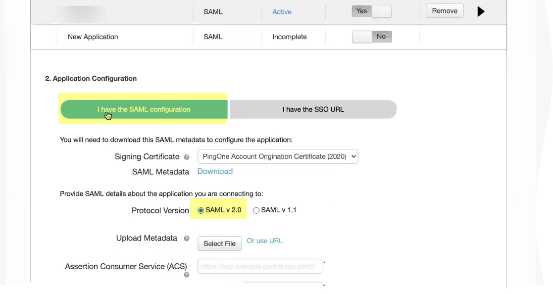 PingOne SAML Config Option