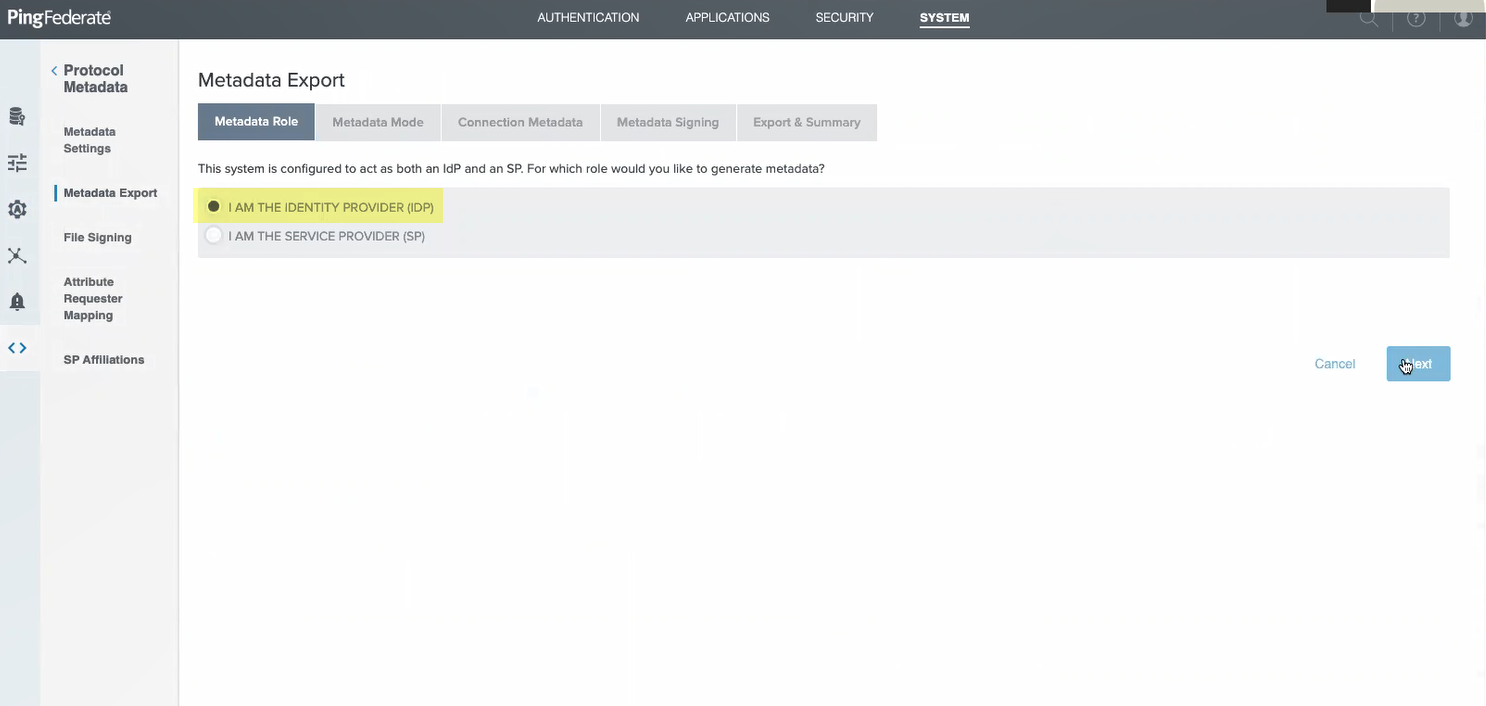 PingFed Metadata Export - IdP Role