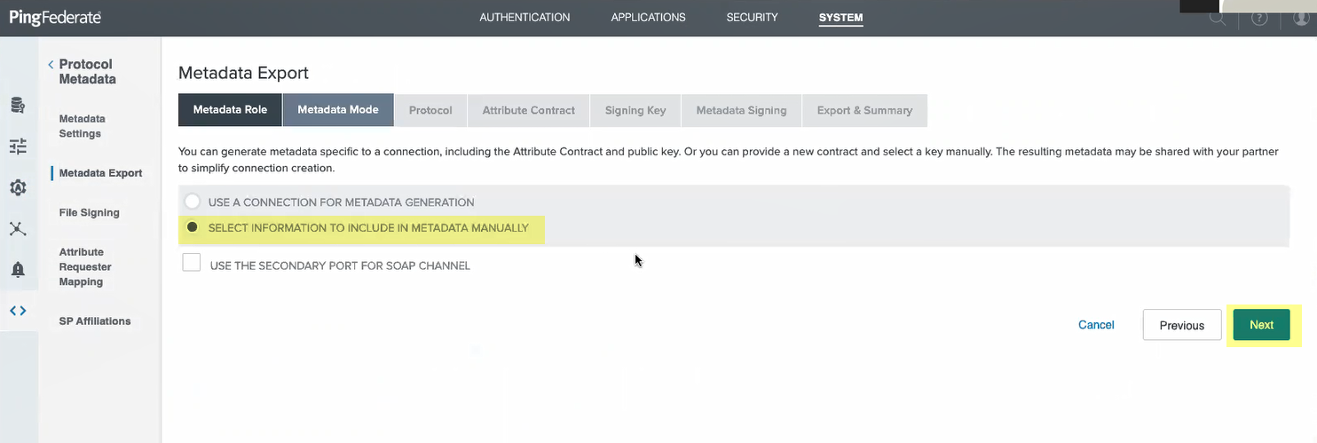 PingFed Metadata Export - Manual Select