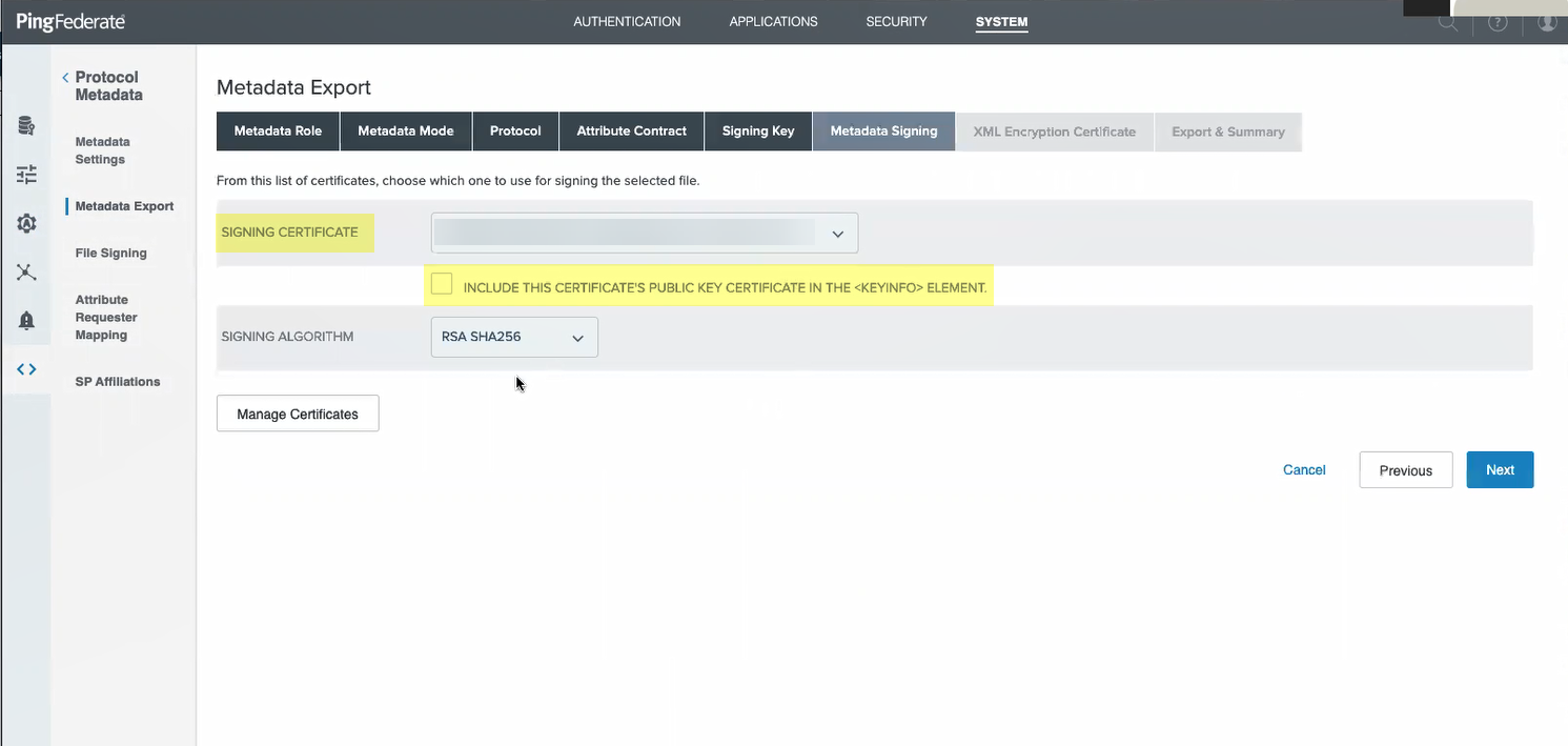 PingFed Metadata Export - Signing Cert