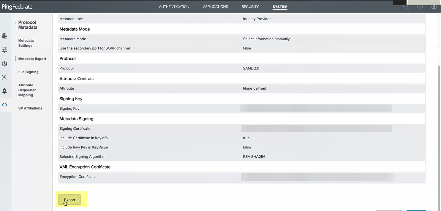 PingFed Metadata Export - Review/Export