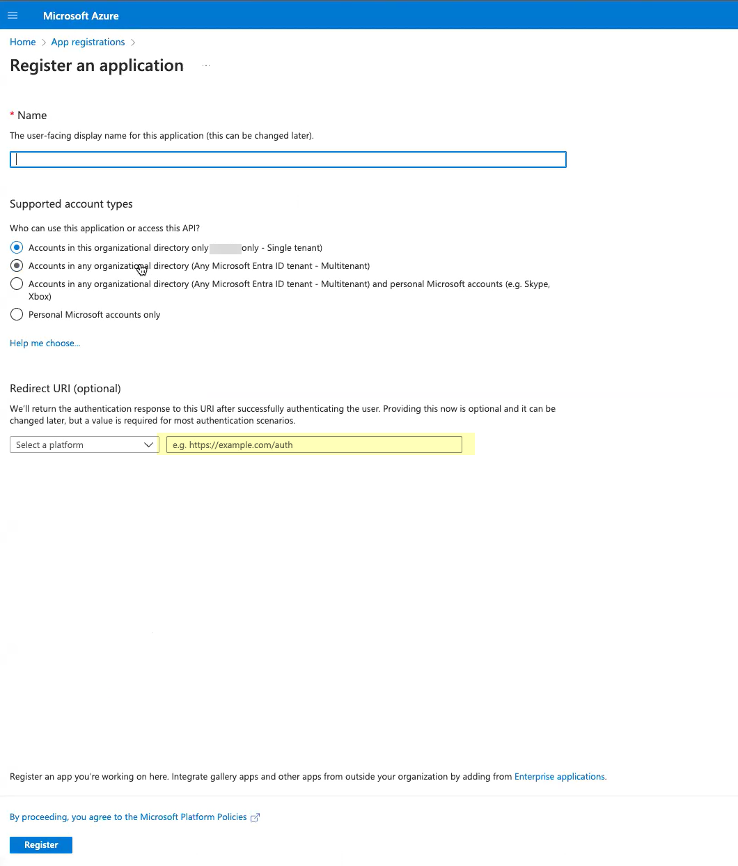 Azure Register OIDC Redirect URI