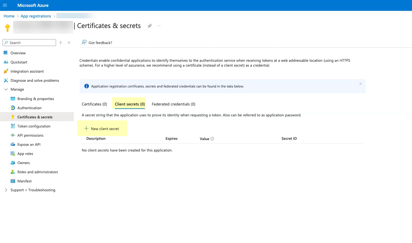 Azure Client Secrets Menu