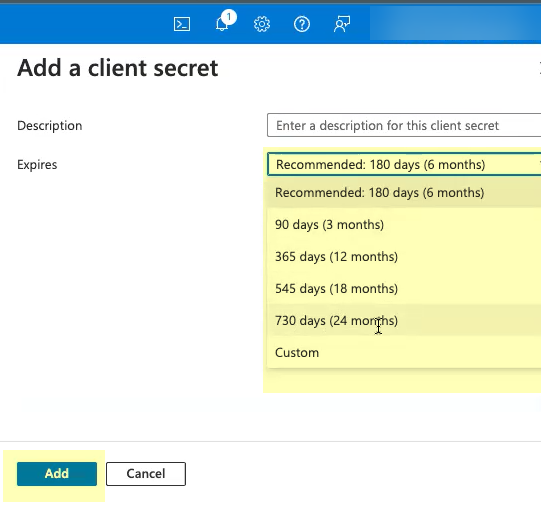 Azure Add Client Secret Dialog