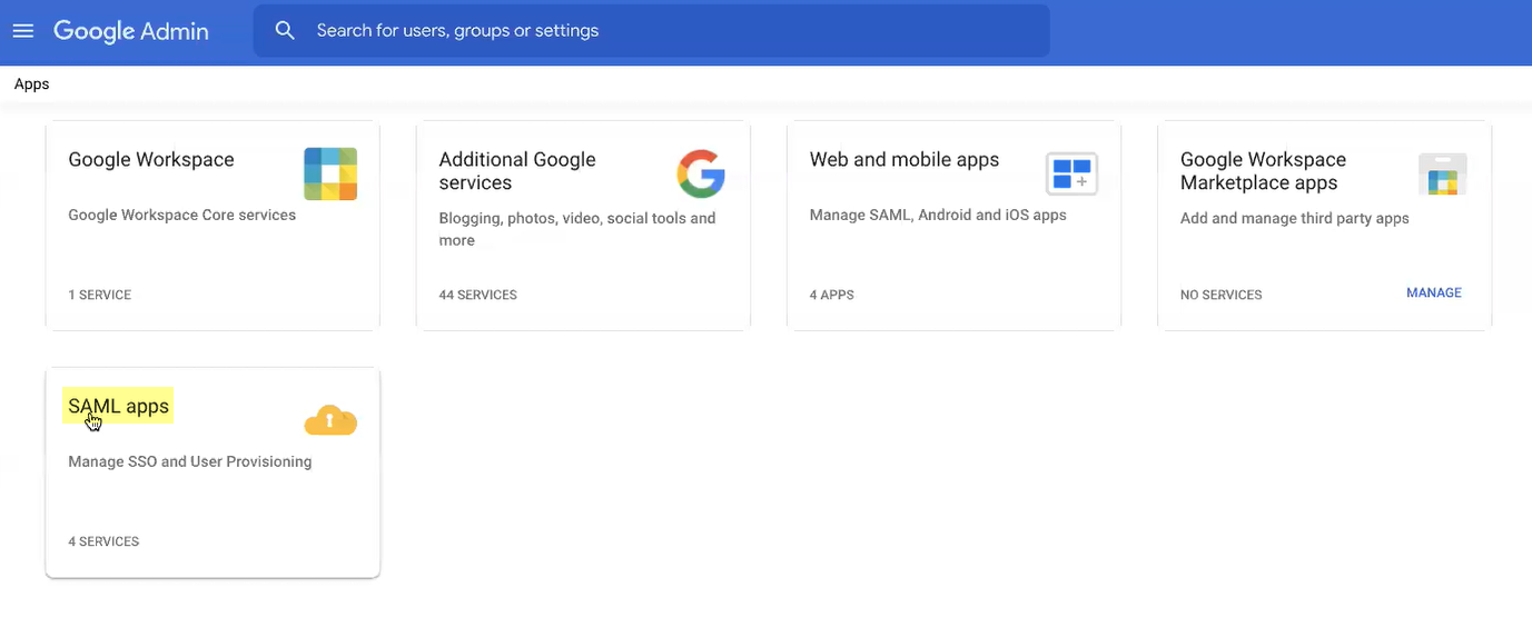 Screenshot of SAML Apps in Google Admin