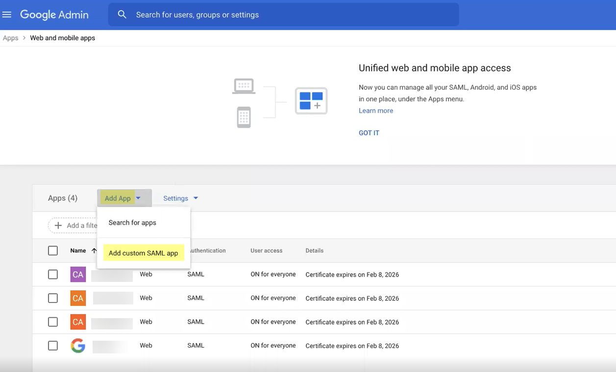 Screenshot of Add Custom SAML app