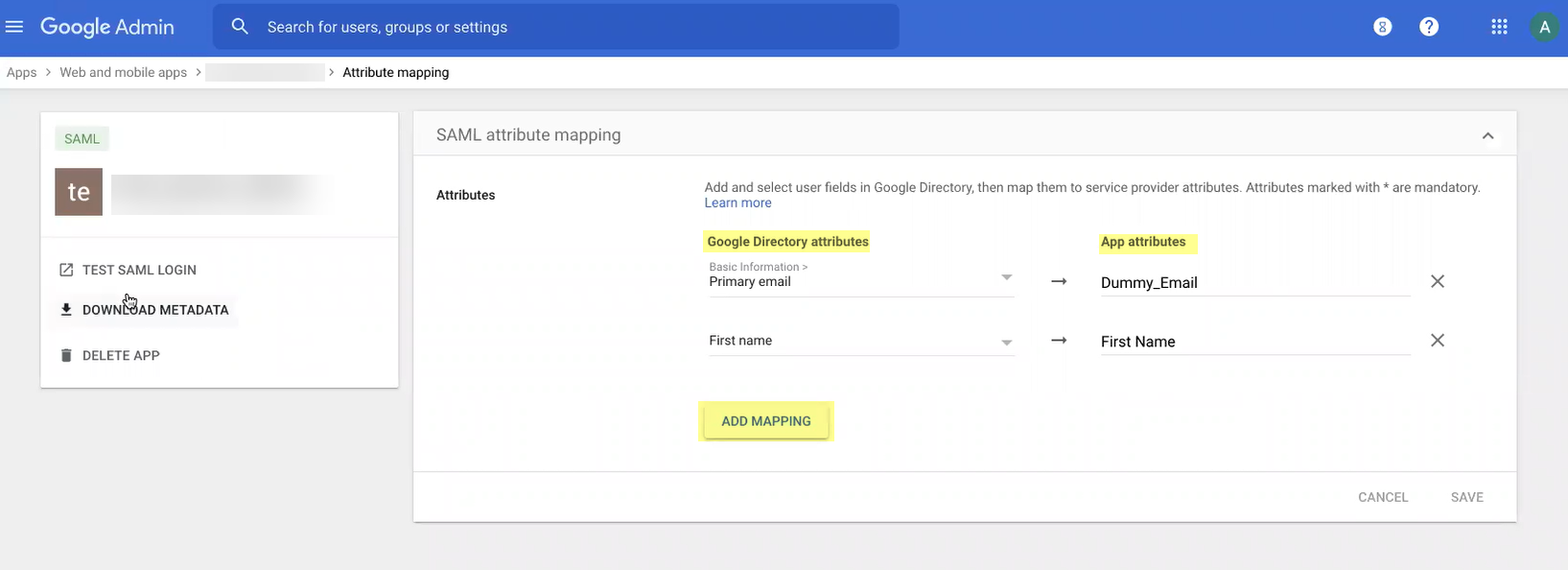 Table showing mapping of CIE SP Metadata to Google Admin fields
